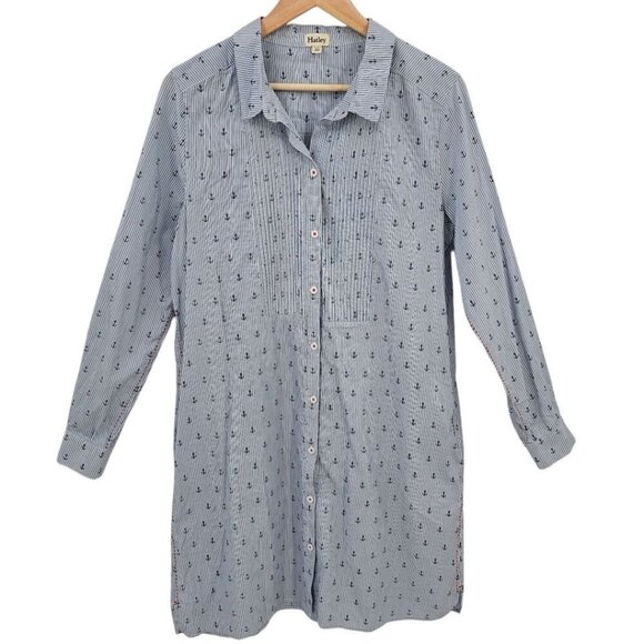 Hatley Womens L Cotton Pinstriped Anchor Button Up Shirt Dress with Pockets - Picture 1 of 8
